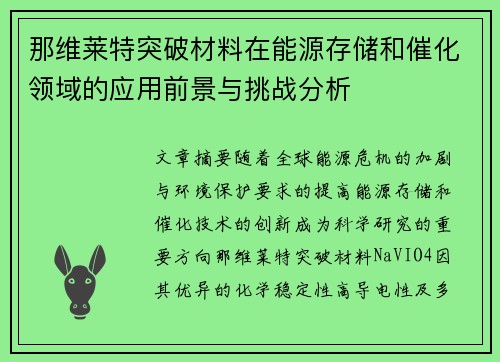 那维莱特突破材料在能源存储和催化领域的应用前景与挑战分析